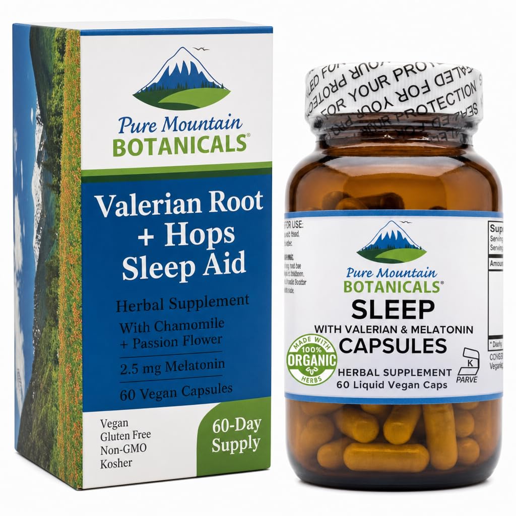 Pure Mountain Botanicals Valerian Root and Hops Sleep Aid - with Organic Chamomile, Passion Flower, Skullcap and Melatonin 2.5 mg - 60 Vegan Capsules