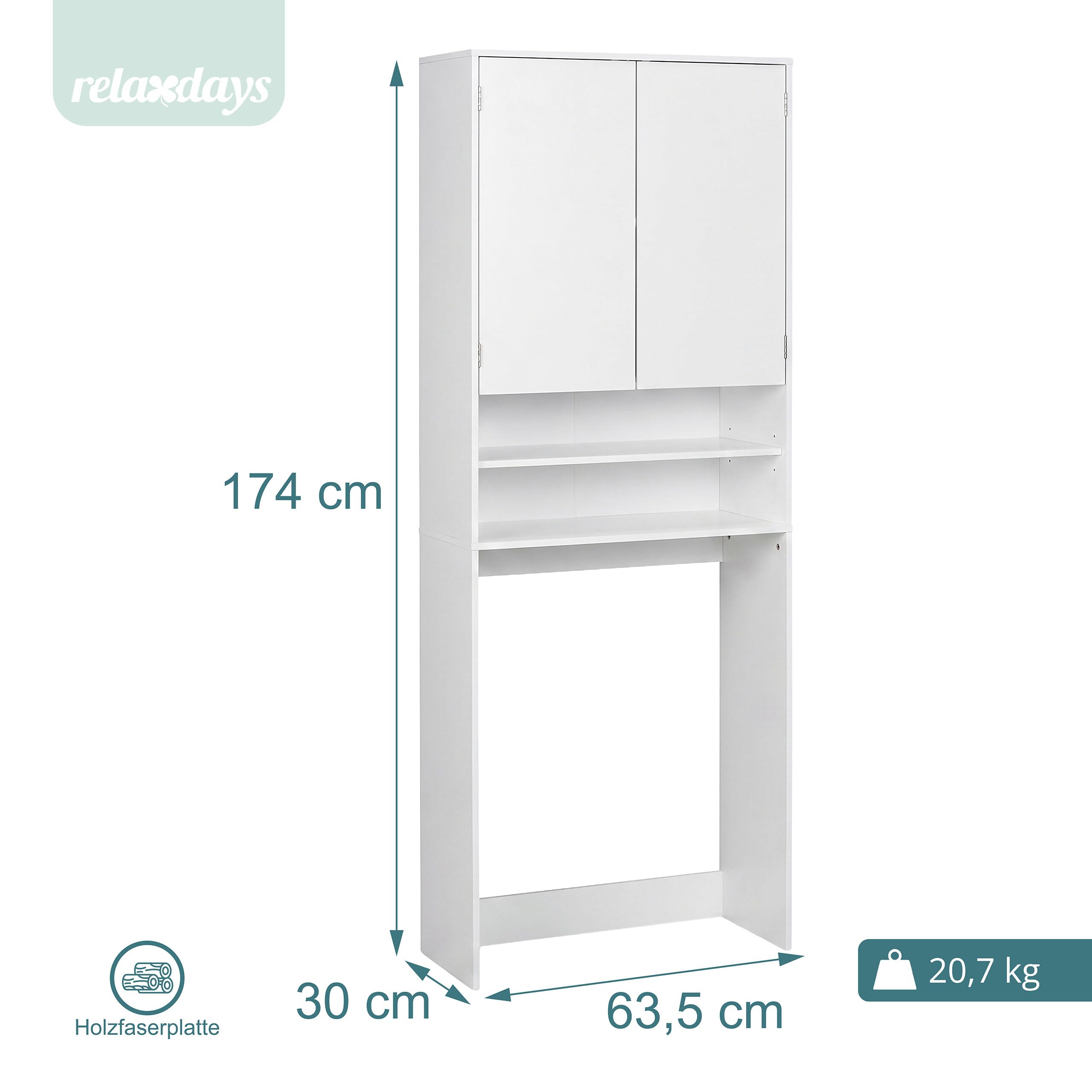 Relaxdays Waschmaschinenschrank, 4 Fächer, Regal über Waschmaschine, Trockner, Toilette, HxBxT: 174 x 63,5 x 30 cm, weiß