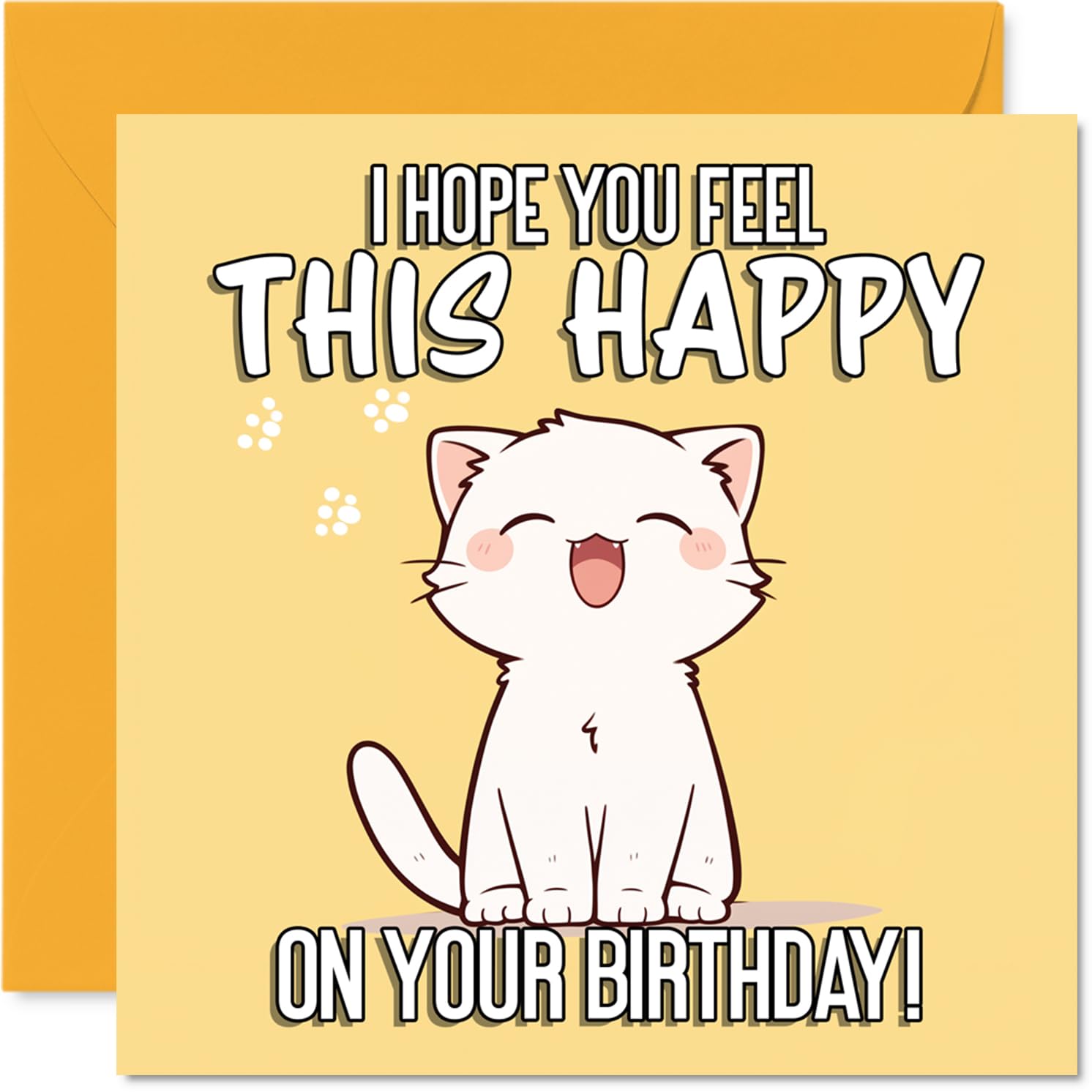 Cute Birthday Card - Bursting with Birthday Cheer - Smiling Cat on Bright Yellow Background - Guaranteed to Lift Anyone's Mood - 145mm Square, Envelope Included