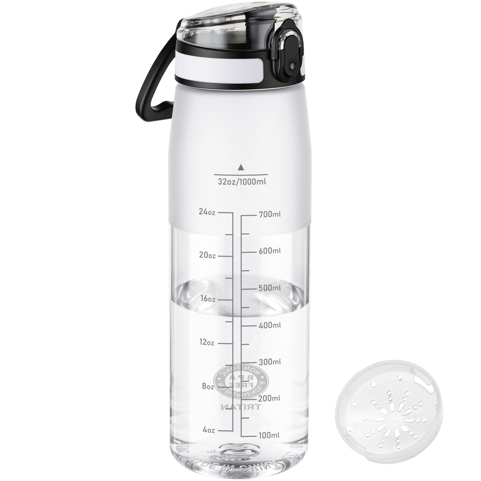 GOPPUS 1L/32oz Clear Tritan Water Bottle with Chug Lid & Carry Handle, BPA Free Sports Bottle, Leakproof One-Click Flip Top Lid with Lock, Wide Mouth Drinks Bottle with Measurement Markings - Clear