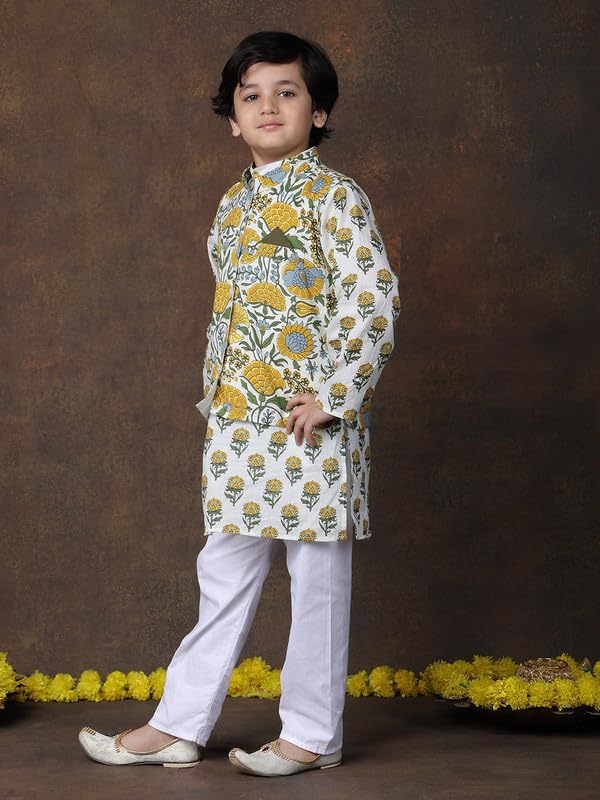 Image of superminis Boys Cotton Printed Full Sleeves Kurta With Ajrakh Printed Jacket and Pyjama Set