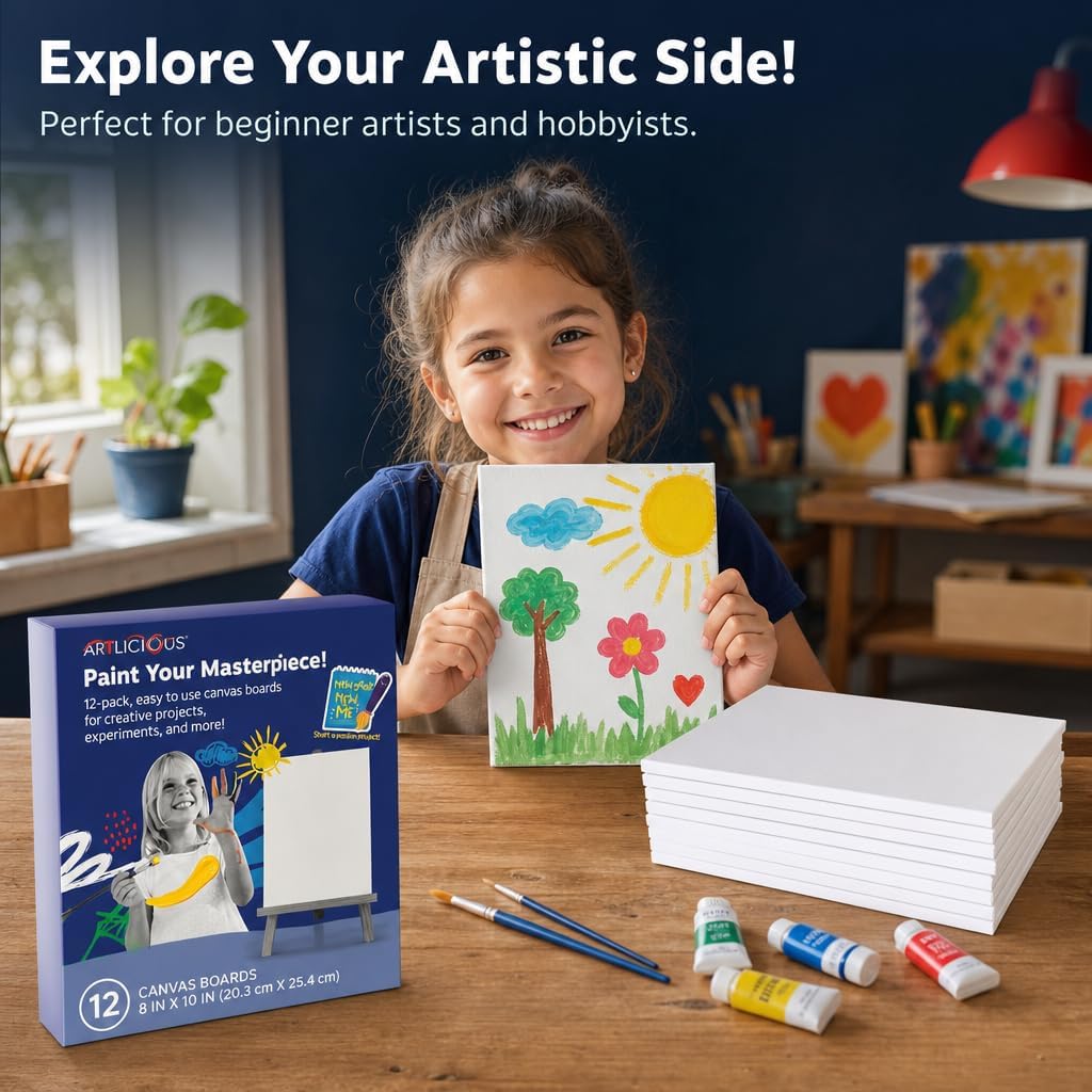 Artlicious Canvases for Painting 12 Packs - 8 x 10” Blank Canvas 100% Cotton Painting Canvas Panels for Acrylic, Oil & Watercolor Paint for Canvas Painting