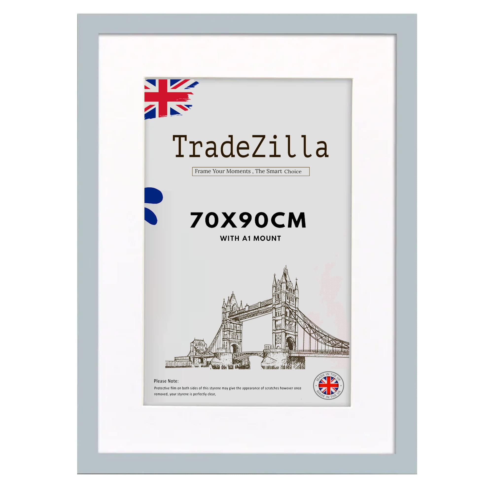 TradeZilla Elegant Light Grey Poster Frame 70x90cm with Mount for A1 Size - Perfect Picture Frame for Portraits, Landscapes, Puzzles, Certificates and Canvas Prints Great Home Décor(Light Grey)