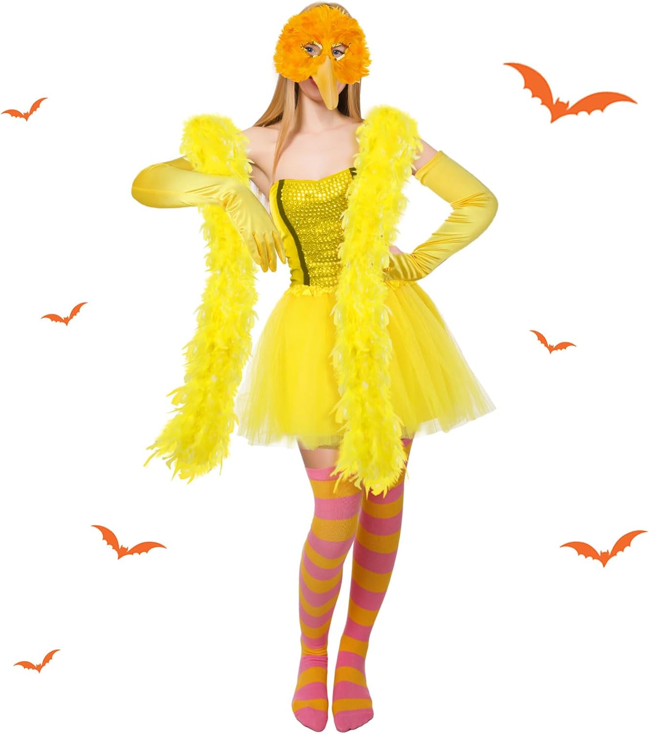 5 Pcs Halloween Bird Costume Adult Women Bird Costume Accessories Bird Mask Yellow Feather Boa Tulle Skirts Striped Thigh High Socks Gloves for Cosplay Party - Image 6
