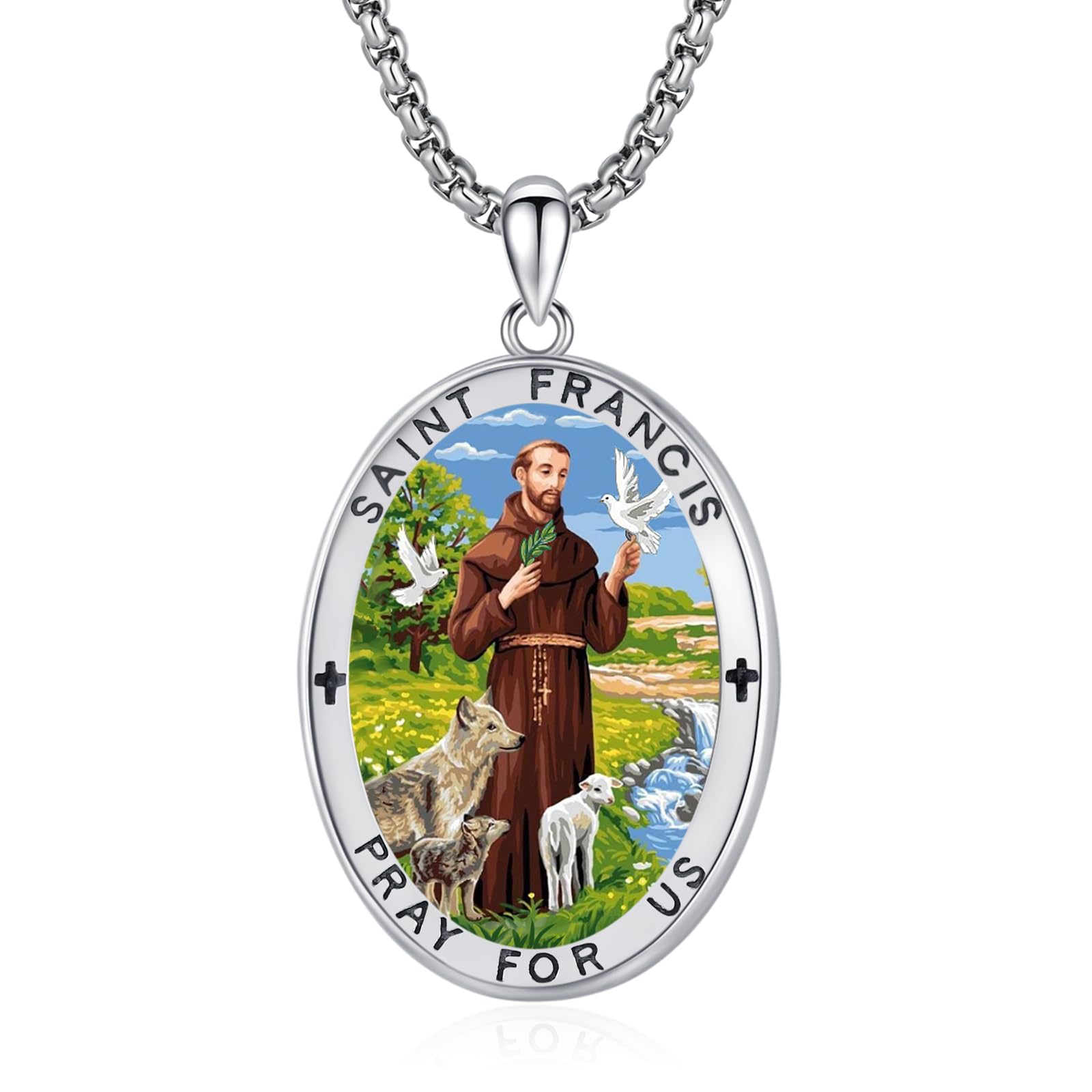 XIXLESSaint Francis Necklace 925 Sterling Silver Saint Francis of Assisi Oval Pendant,Patron Saint Animal Amulet Jewelry for Men with 22 in Chain