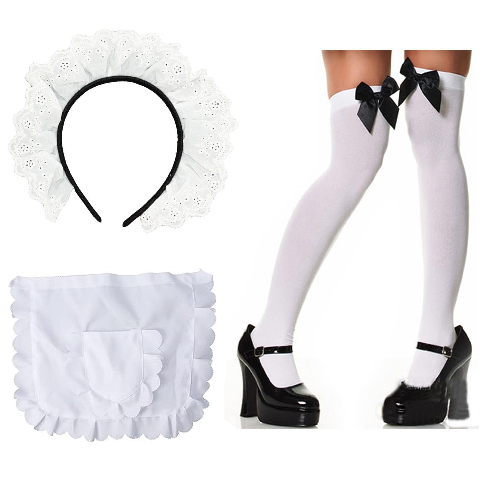 Women's French Maid Headband White Waist Apron Tight Bow Thigh High Stockings Cleaning Lady Costume Accessories for Halloween Cosplay Outfit