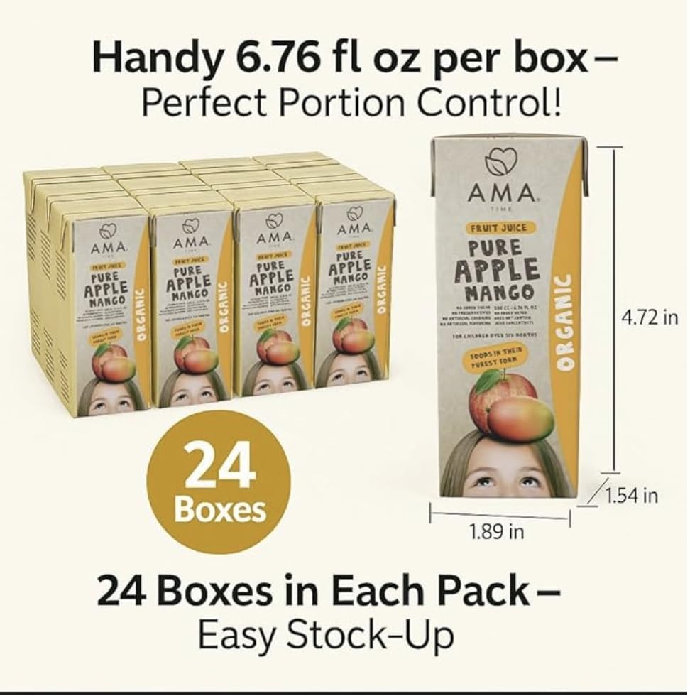 AMA TIME Organic Juice Boxes for Kids, 24 Pack | 6.76 fl oz Each | USDA Organic Juice with Vitamins A & C | No Added Sugar, Gluten-Free, Lunchbox & Snack Box Drinks (Apple & Mango) image 5