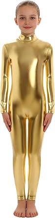 Kids Boys Girls Long Sleeve Metallic Dance Gymnastic Leotard Mock Neck Full Body Unitard Shiny Catsuit