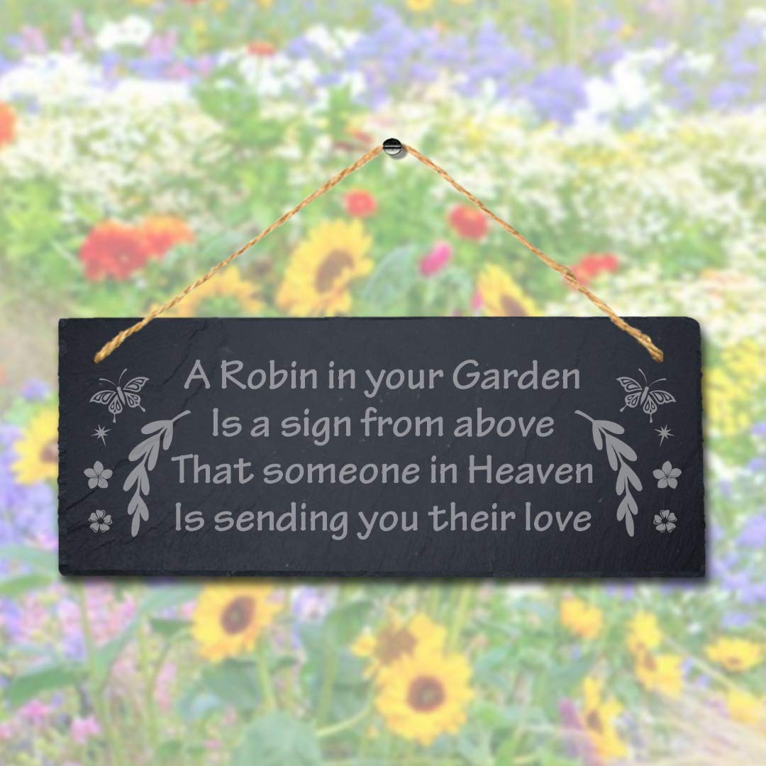 Stukk A Robin Hanging Garden Sign, Natural Engraved Slate Stone Plaque, 30x12cm