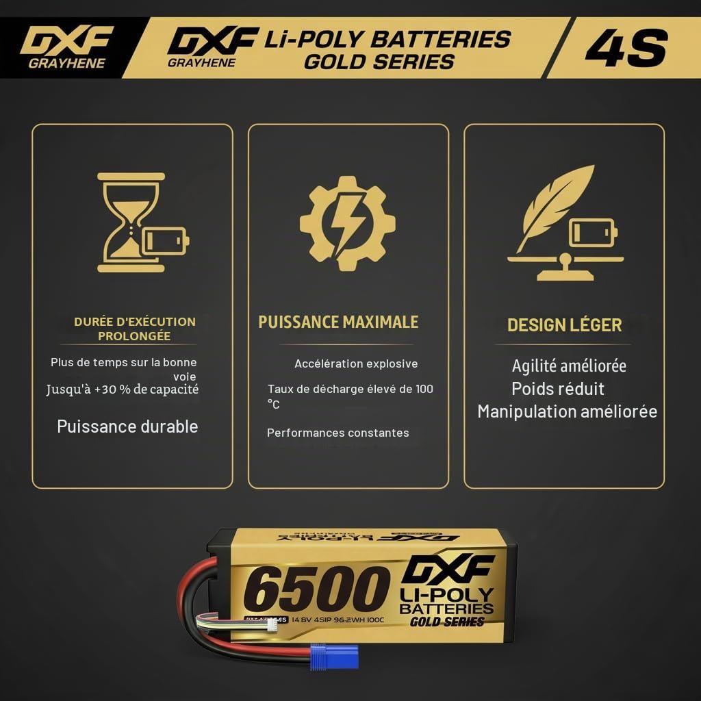 DXF Batterie LiPo 4S 6500mAh 100C 14.8V Prise EC5 Lot de 2 Boîtier Rigide pour Voiture RC 1/8 1/10 Camion Buggy Truggy Course Hobby Haute Décharge Rechargeable Polymère Lithium