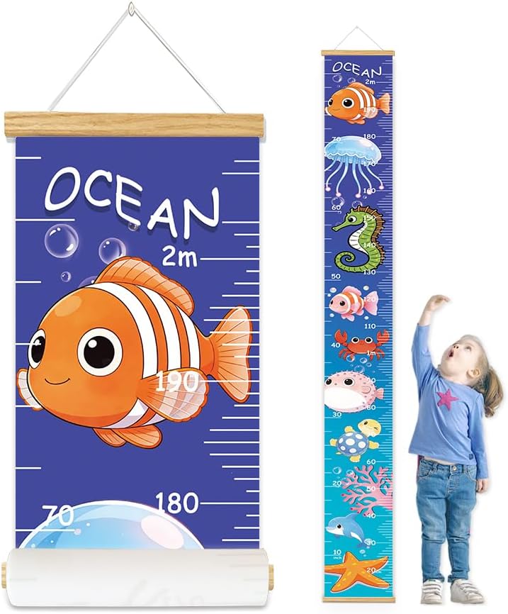 Canvas Baby Kids Growth Chart, Ocean Height Measurement Wall Hanging for Toddler Child Girls Boys, Nursery/Playroom Bedroom Art Decor (Ocean, 78″ L x 8″ W, Framed)