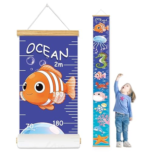 Canvas Baby Kids Growth Chart, Ocean Height Measurement Wall Hanging for Toddler Child Girls Boys, Nursery/Playroom Bedroom Art Decor (Ocean, 78" L x 8" W, Framed)