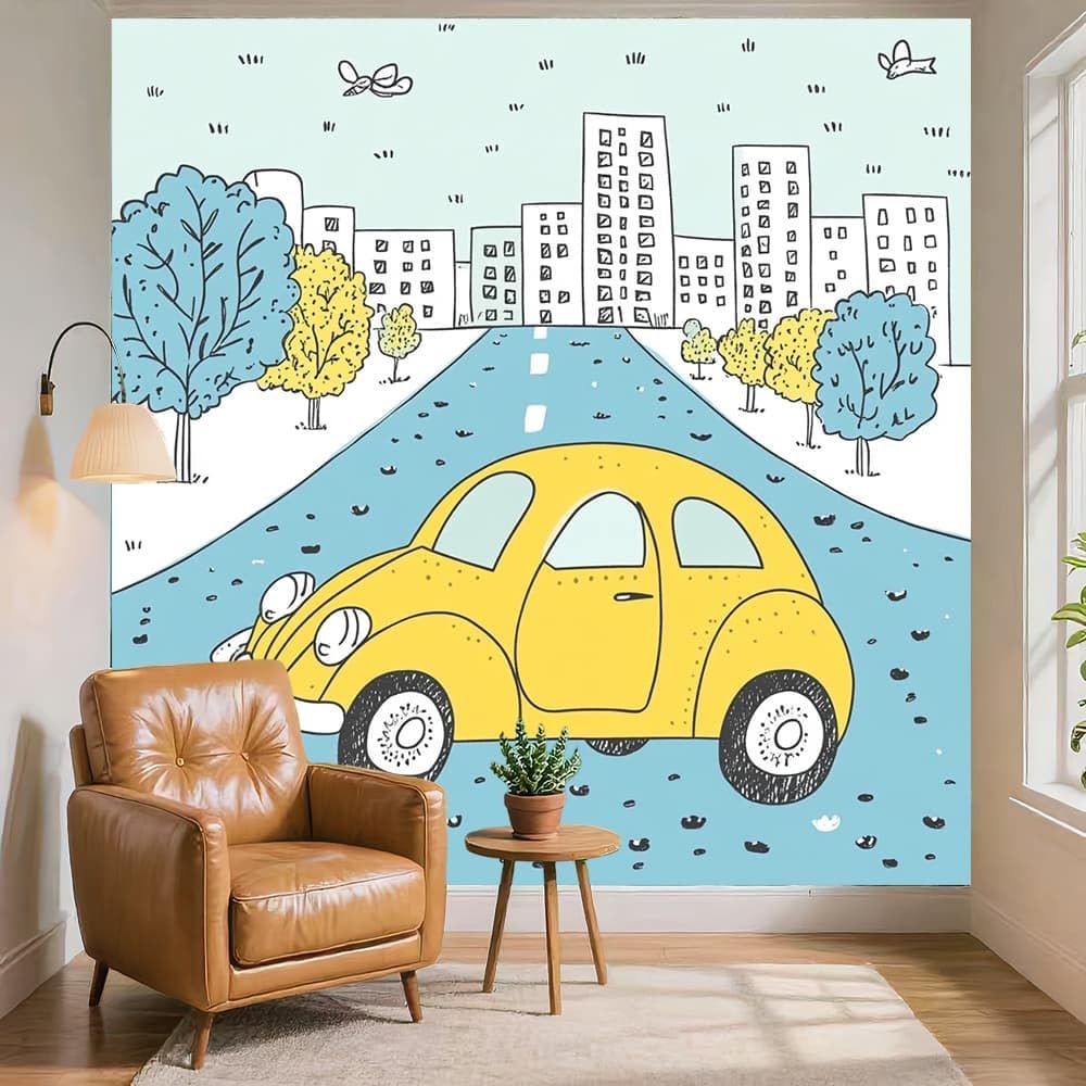 Mural 400 x 280 cm kreskówka samochód miejski włóknina modna fototapeta plakat jasny kolor tapeta dekoracja ścienna salon sypialnia nowoczesny design