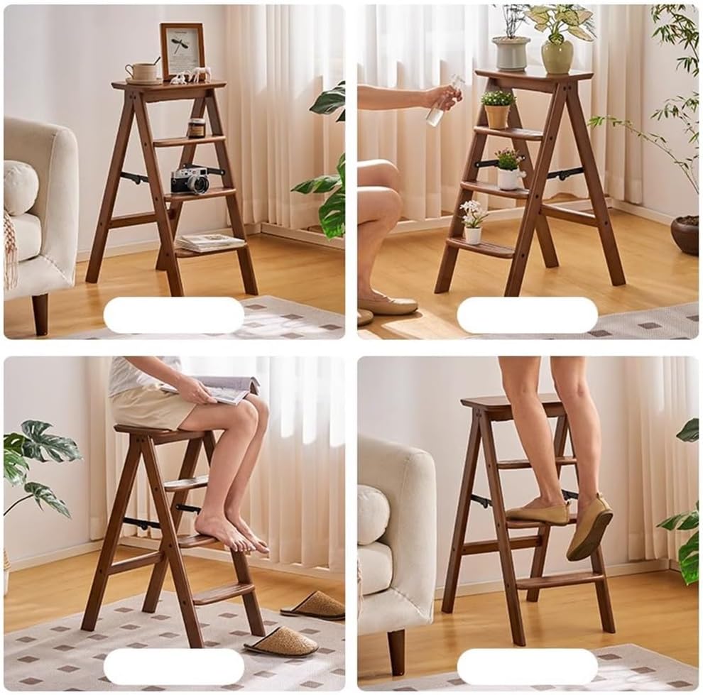 3 Step Ladder Folding Wooden Step Stool,2-in-1 Wood Foot Stool Display Storage Shelf Flower Rack for Home Ktichen,Portable Anti