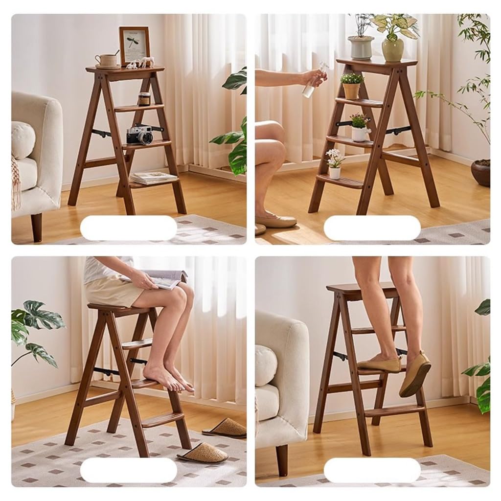 WIGSELBL Escabeau pliant en bois à 3 marches, tabouret de rangement en bois 2-en-1 avec étagère à fleurs pour la cuisine de la maison, escabeau antidérapant portable (quatre marches)