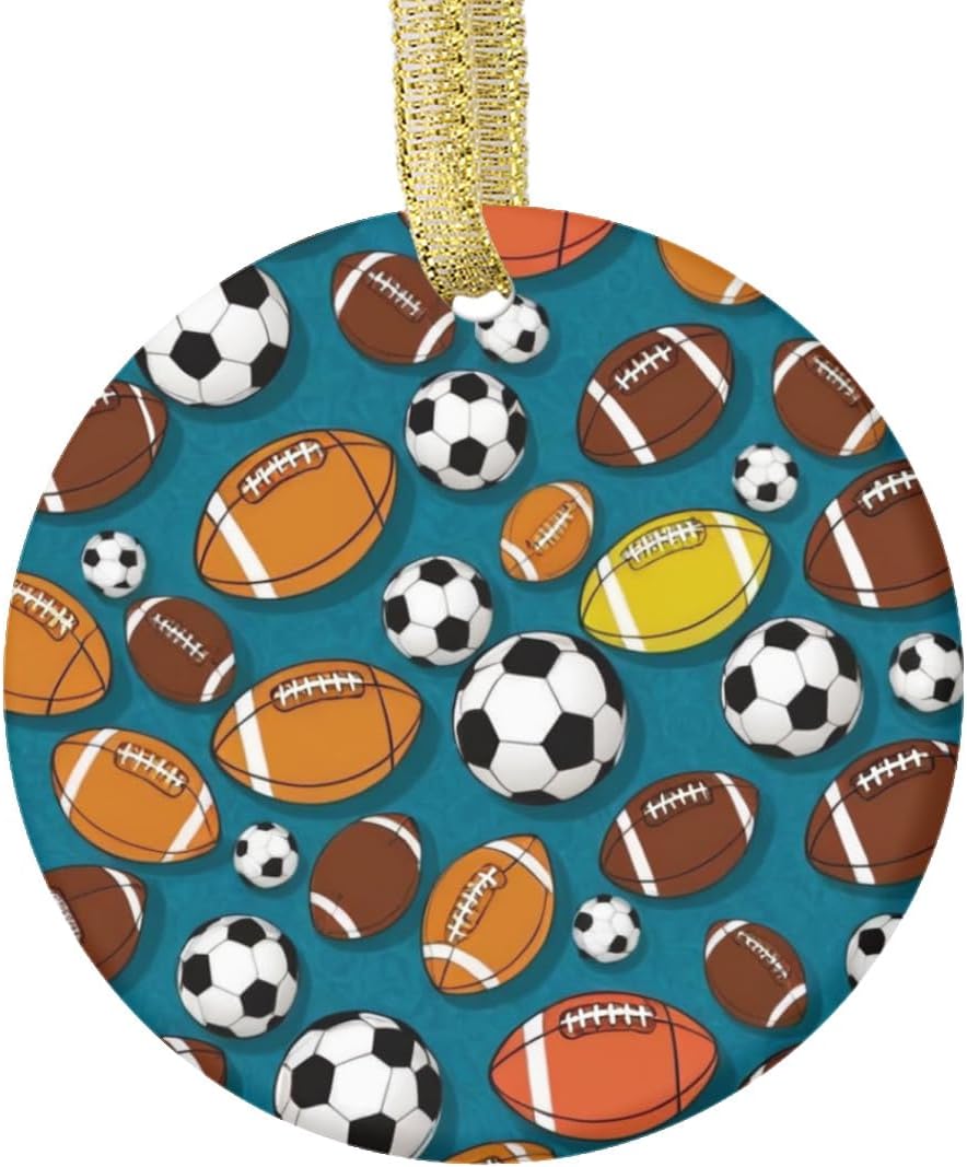 Double-Sided Ceramic Christmas Ornament Xmas Soccer and Football Sports Footballs and Soccerballs Pattern Blue Design Custom Holiday Tree Decor | 3-Inch