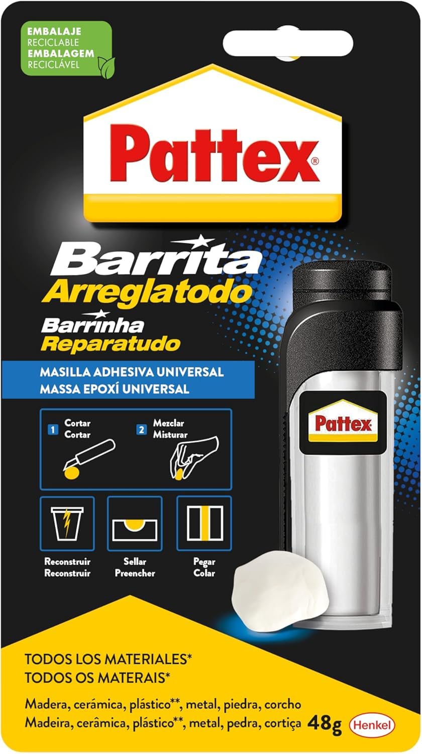 13215 - barrita Pegamento arreglatodo Universal pattex | Pega, Sella y Rellena, Secado en 5 min, Multimaterial, Barnizable, Lijable y Pintable, Resistente a Grasa y Disolventes