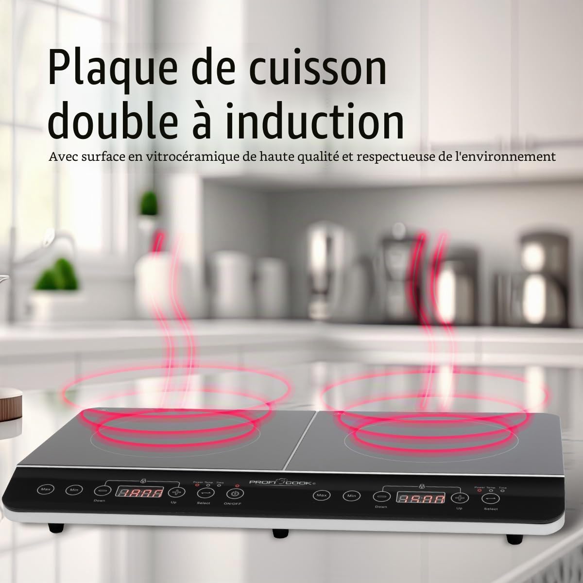 ProfiCook® table de cuisson à induction avec surface en vitrocéramique | 2 plaques | plaque de cuisson avec minuterie 180 min & 16 niveaux | avec arrêt automatique | 3500 W | PC-DKI 1067