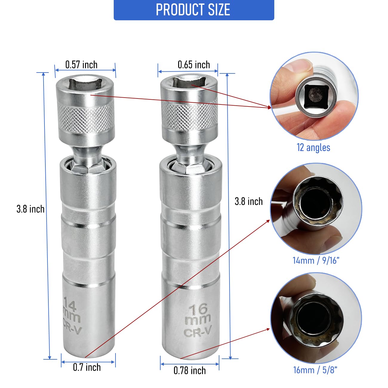 SIAOKL 14mm & 16mm Thin Wall Swivel Magnetic Spark Plug Socket, 3/8 Inch Drive 12-Point Spark Plug Removal Tool, 360-Degree Rotation for Maximum Flexibility