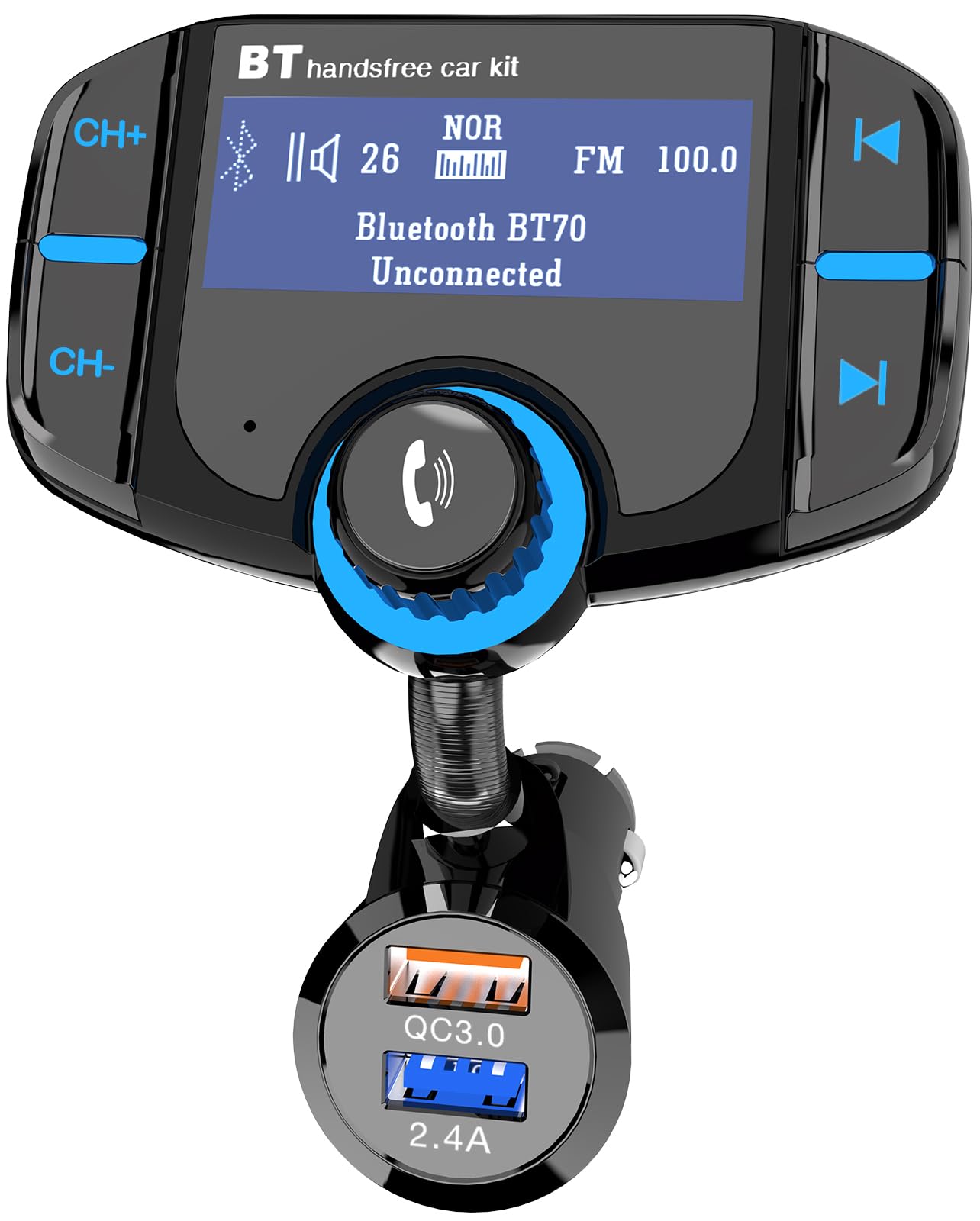 GizmoVine FM Transmitter, Car Bluetooth, Hands Free Car Kit with Sensitive Volume Control Knob and Large Button/ 1.7" Display/QC Fast Charger, 3 in 1 Music Player Supports Aux & TF Card & USB Disk