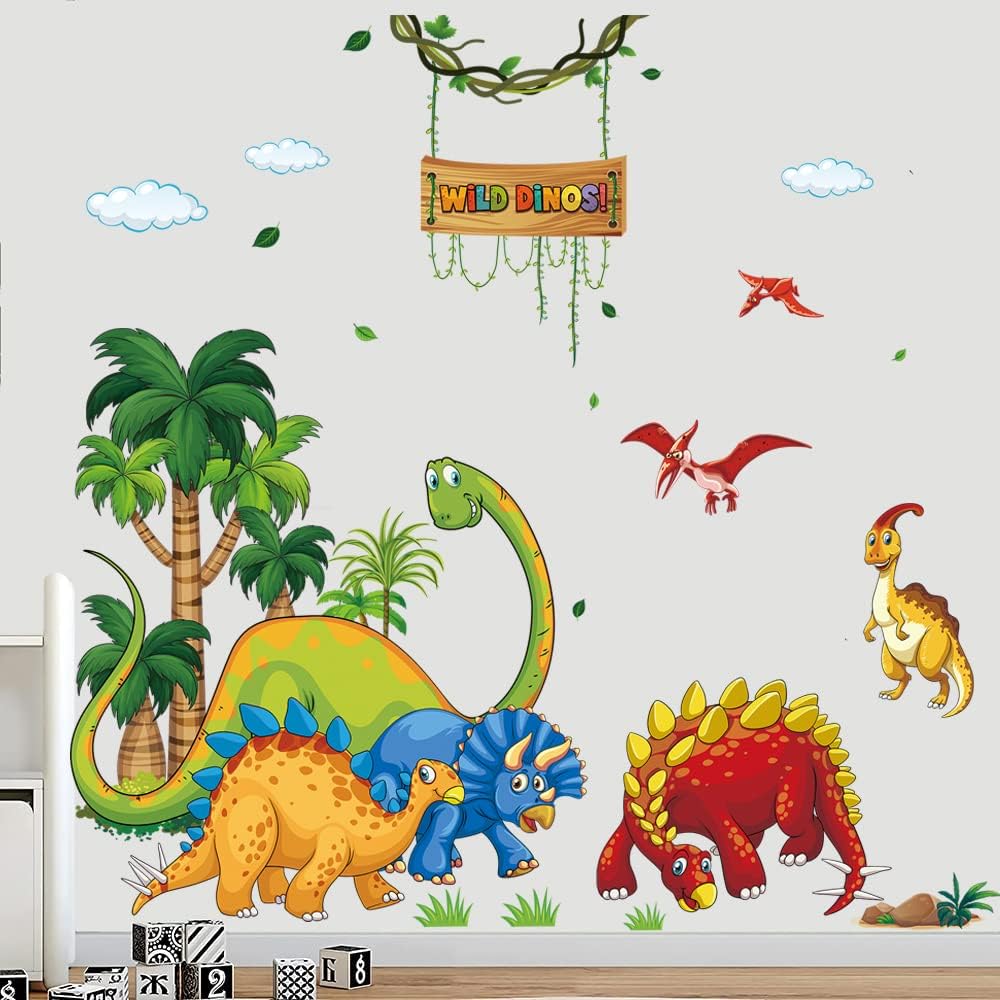 Supzone Cartoon Dino Wall Decal - Wild Tree & Dinosaur Wall Art Sticker for Boy's Room, Kids, Baby Nursery, Playroom, Living Room Decor