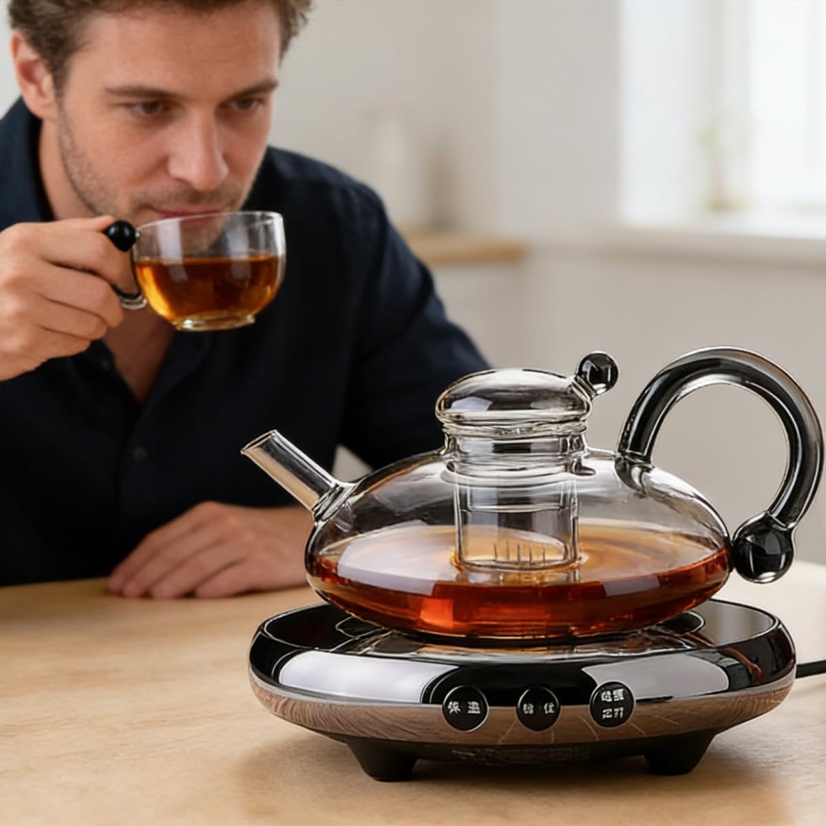 Glas-Teekannen-Set mit elektrischem Stövchen, 680 ml Glas-Teekanne und 2 Tassen, abnehmbares Teesieb, 1000 W Heizkeramikherd, für Loos-Tee- und Kaffee-Teekanne + 4 Tassen