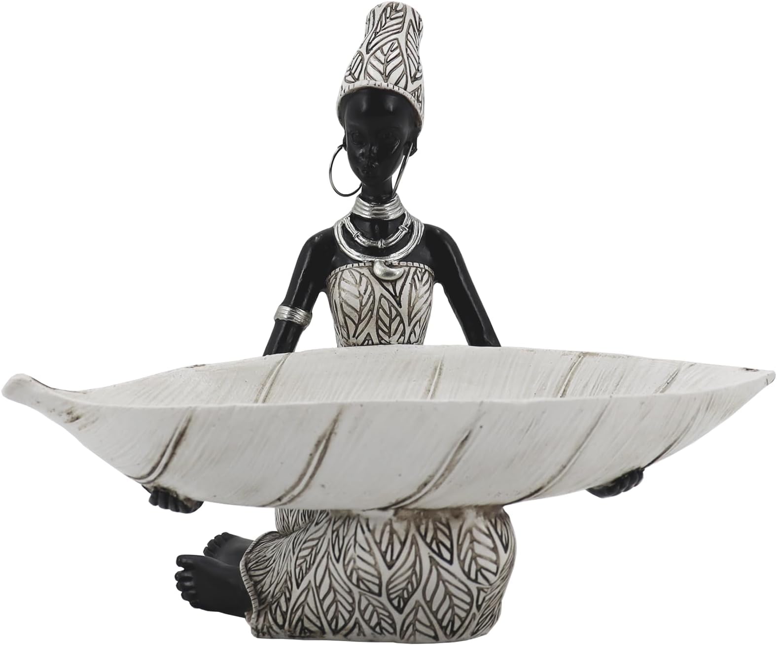 Lescafita African Woman Resin Tray Figurine, White Leaf Decorative Bowl Sculpture, Boho Tribal Art Statue for Jewelry Storage and Home Decor