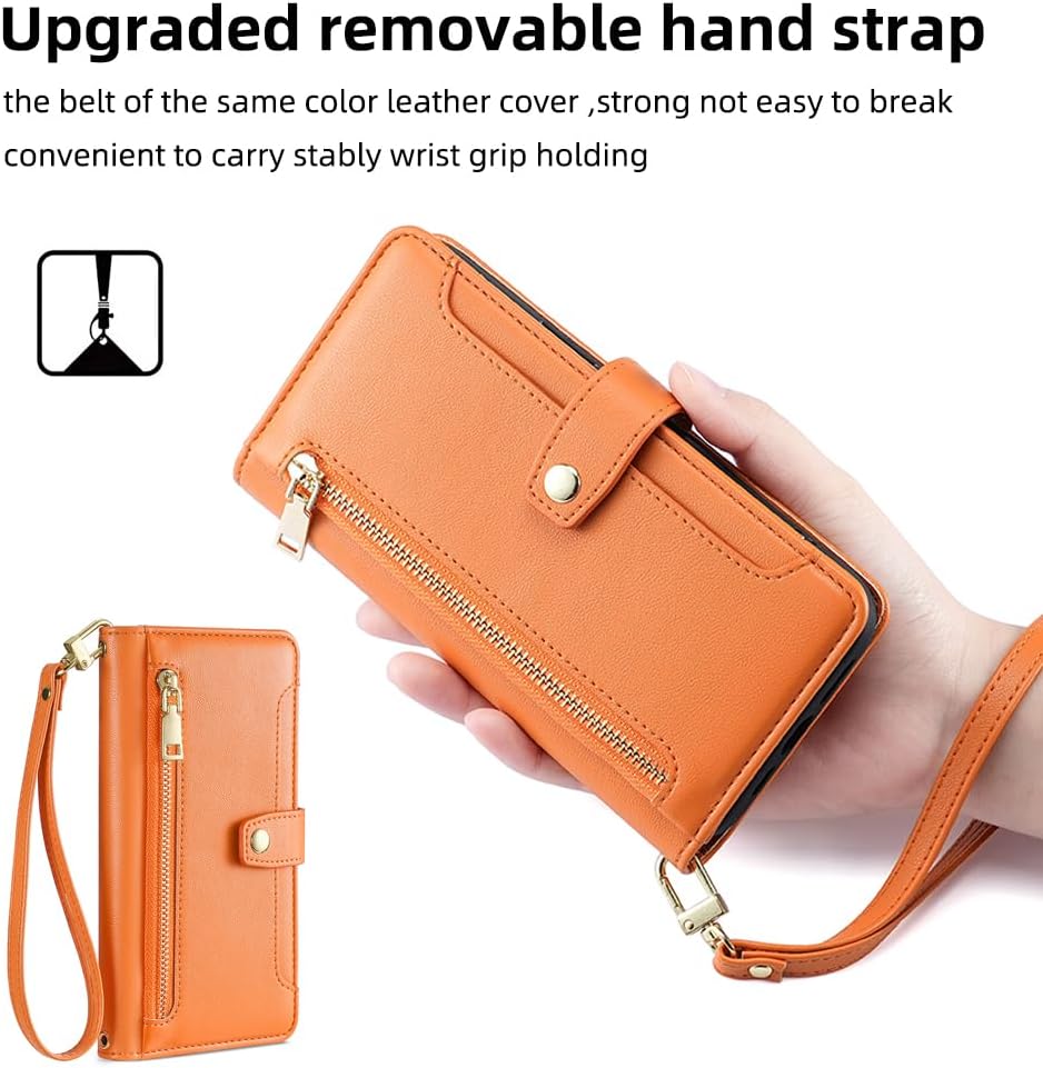 Wallet Case for Oppo R17 Flip Phone Case with Crossbody Strap Magnetic Handbag Zipper Pocket PU Leather Shockproof with Kickstand Phone Shell Orange