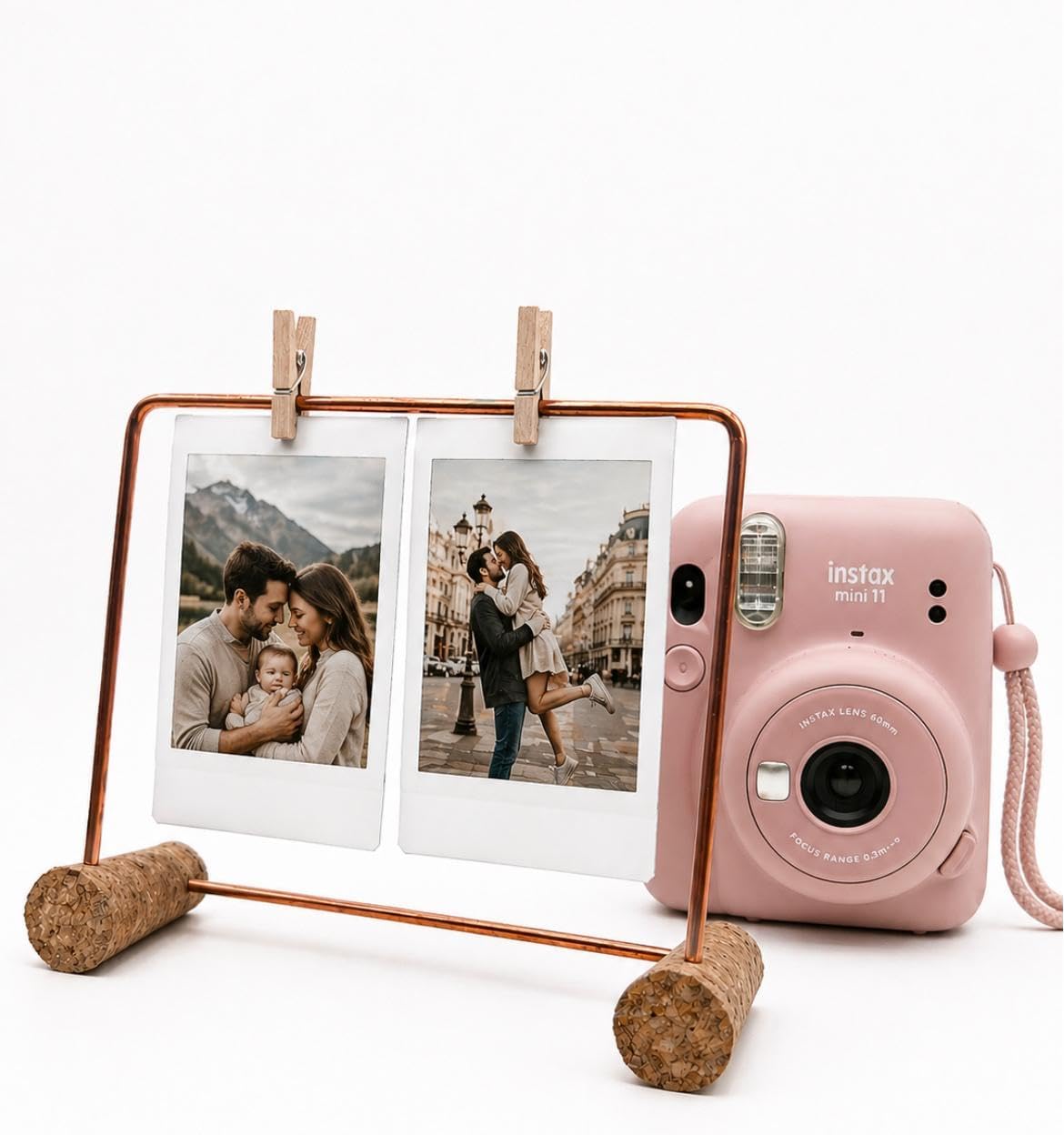 Copper Wire Photo Holder 4.5in Stand for 2x3 Mini Pictures, Boho Desk Decor, Tabletop Frame with Cork Base
