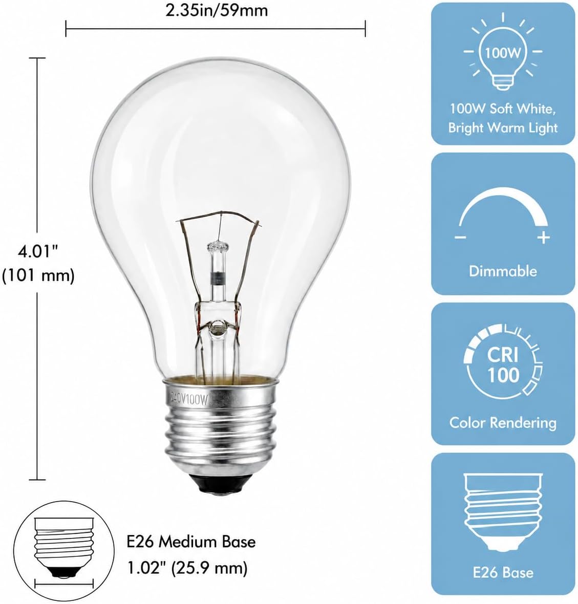 12-Pack 100W Equivalent Dimmable A19 E26 Incandescent Light Bulbs | Clear A19 E26 Base, 2700K Warm White, for Fridge, Range Hood, Sewing Machine, Ceiling Fan