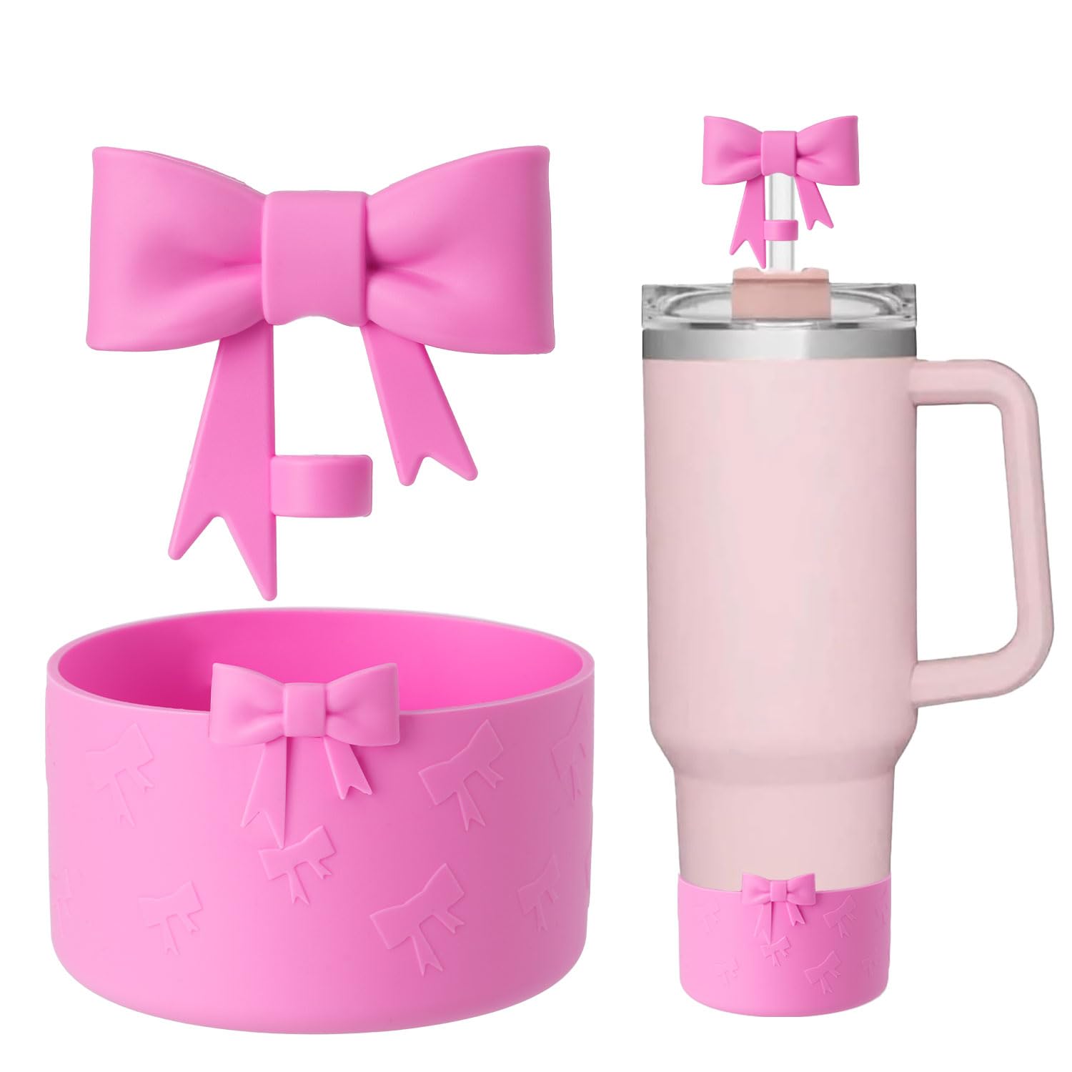 Lnulyaciy Bow Silicone Protective Stanley Boot for 20/30/40Oz, 2 Pack Stanley Cup Accessories Compatible 12-24Oz for Hydroflask Boot and More (Light Rose Pink Set)