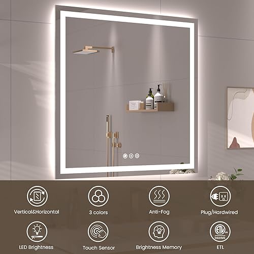 Miniatura 31 de Espejo LED de baño, 36 x 36 pulgadas con luz frontal y retroiluminada, antiniebla, espejo de tocador de baño para pared, función de memoria