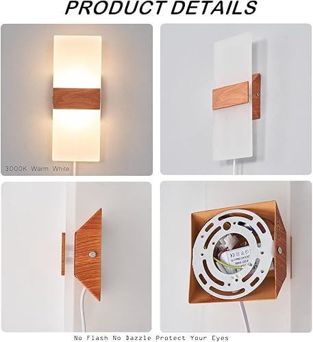 Miniatura 5 de AUSLEUCH Paquete de 2 apliques de pared enchufables, lámpara de pared LED moderna para interiores, lámpara de pared cableada de 12 W para