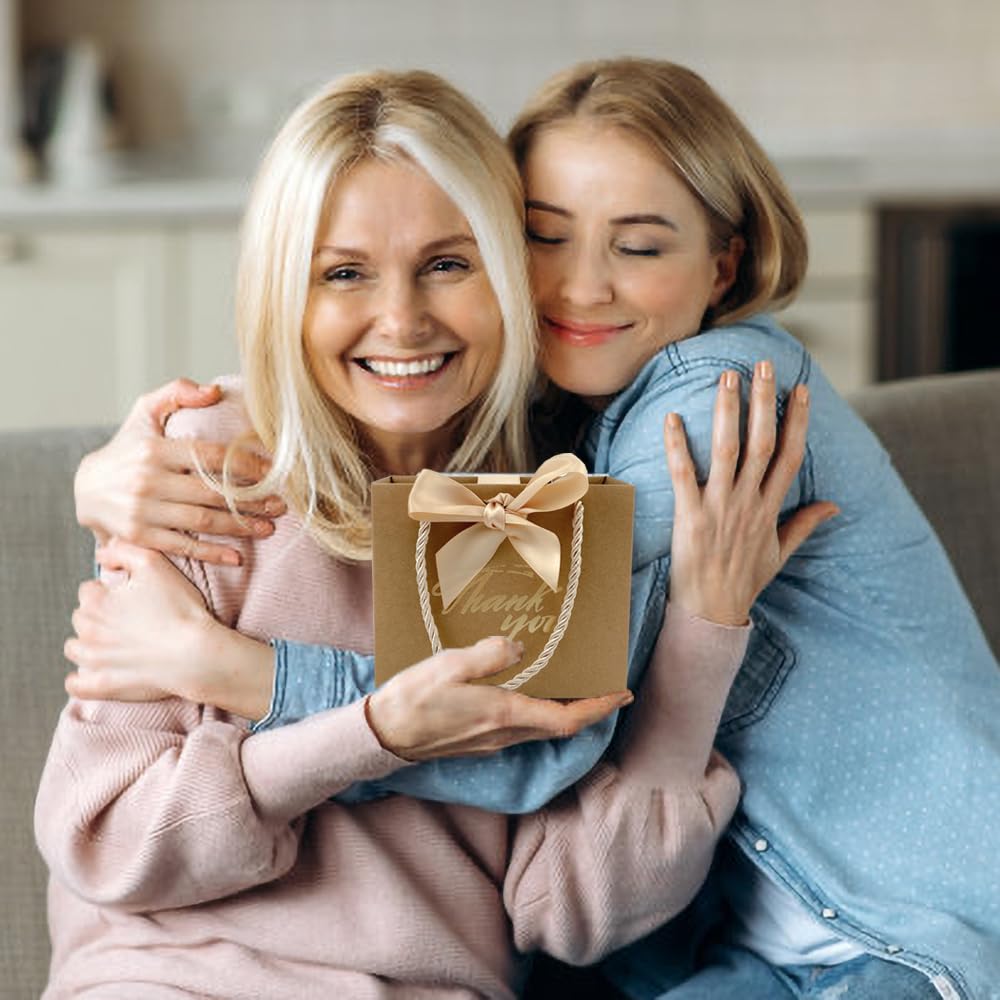 TKSBAG 50 sztuk 14 x 6 x 11 cm małe torby na prezenty, małe torebki na prezenty z podziękowaniami, z uchwytami, brązowe mini torby do pakowania prezentów na wakacje, ślub, baby shower, urodziny,