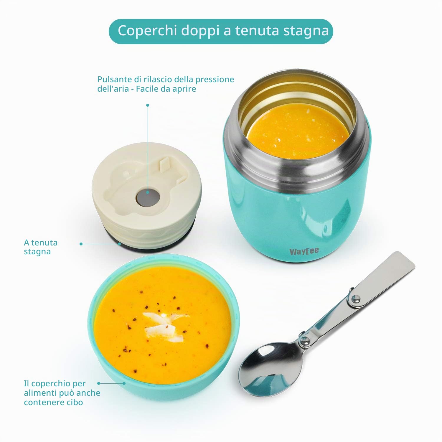WayEee Contenitore Termico per Alimenti, Thermos per Alimenti sottovuoto di Acciaio Inossidabile 450ml con Un Cucchiaio Pieghevole per Zuppa, Porridge, Riso, Frutta
