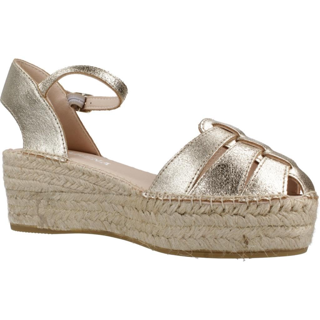 MACARENA - Sandalia de pala con cuña de esparto,pulsera al tobillo,suela de goma,piel,espadril,con brillo para: Mujer