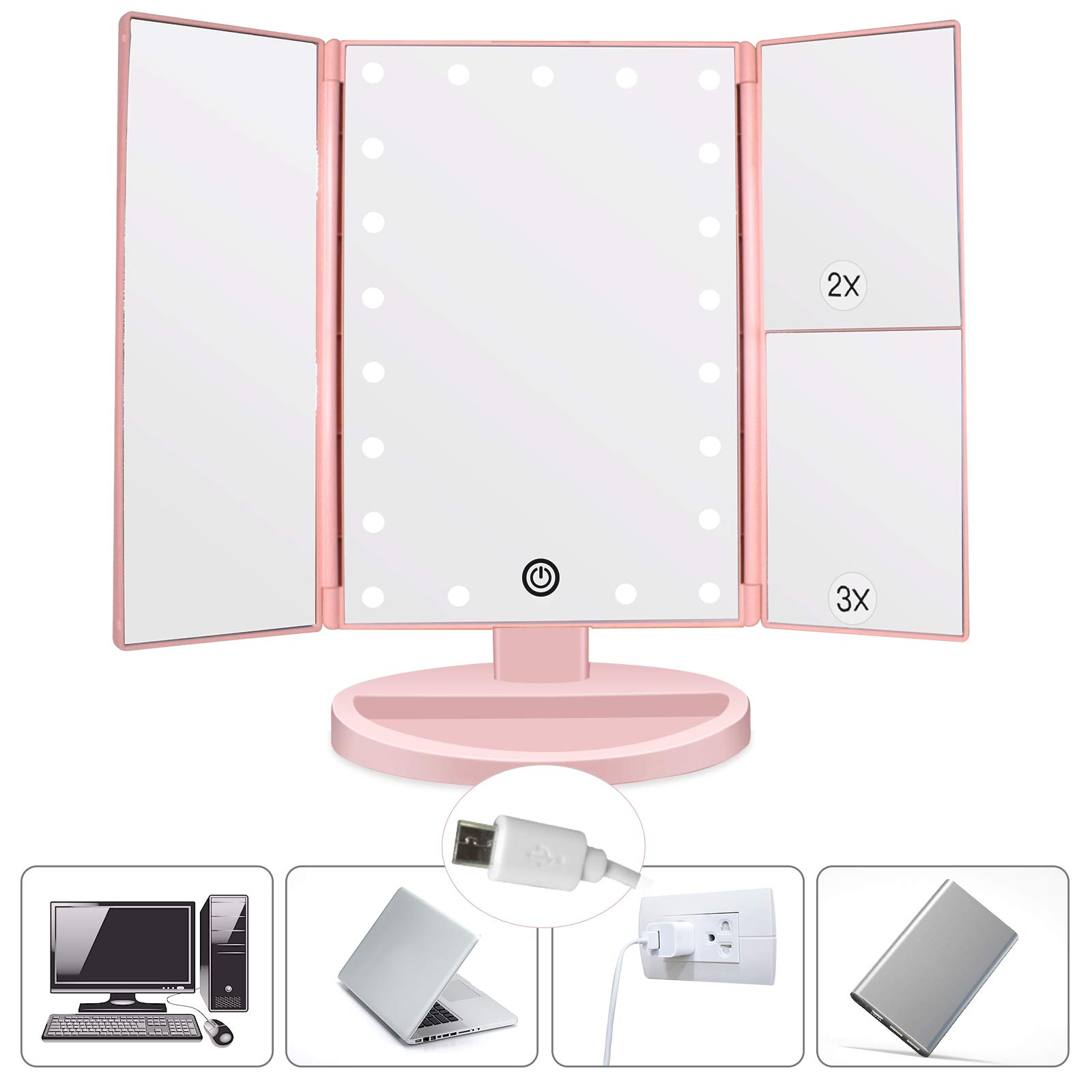 WEILY Lusterko do makijażu z powiększeniem 1x, 2x i 3x, z 21 diodami LED i ekranem dotykowym, regulowane podświetlane trzypanelowe lustro, nablatowe lusterko kosmetyczne (różowe)