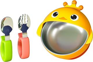 ENERGEVITY Suction Baby Bowl Set: Silicone Base, 304 Stainless Steel Insert, Fork & Spoon - Dishwasher Safe Yellow Duck for Toddlers