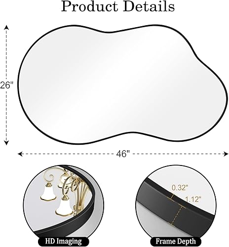 Miniatura 5 de Fahomiss Espejo de pared pequeño  Espejo de pared irregular de 26 x 46 pulgadas, espejo asimétrico negro con marco de aleación de aluminio de