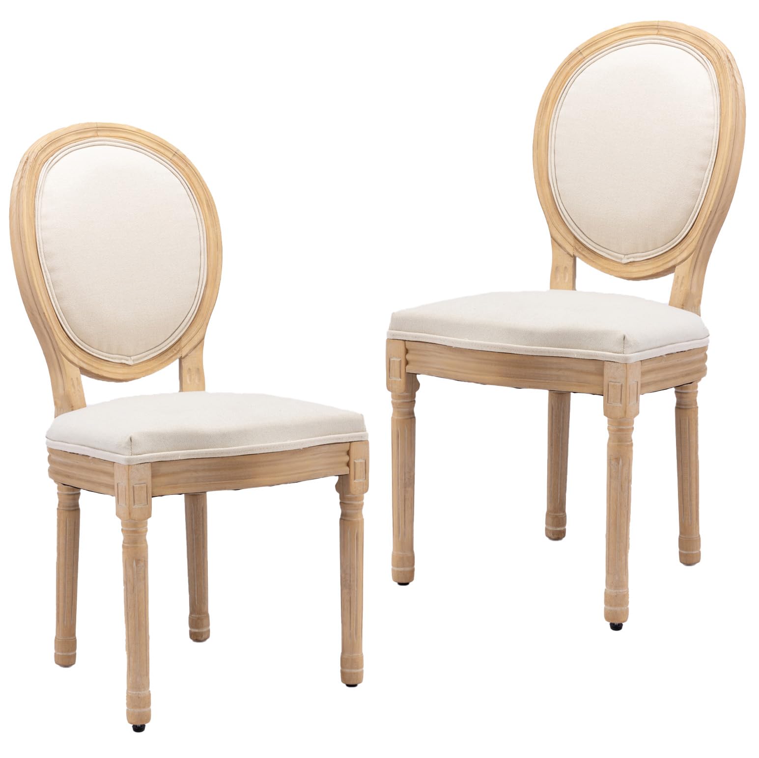 HMFULE French Country Dining Chairs Set of 2, Vintage Linen Fabric Dining Chair with Round Back and Solid Wood Frame Farmhouse Dining Room Chairs for