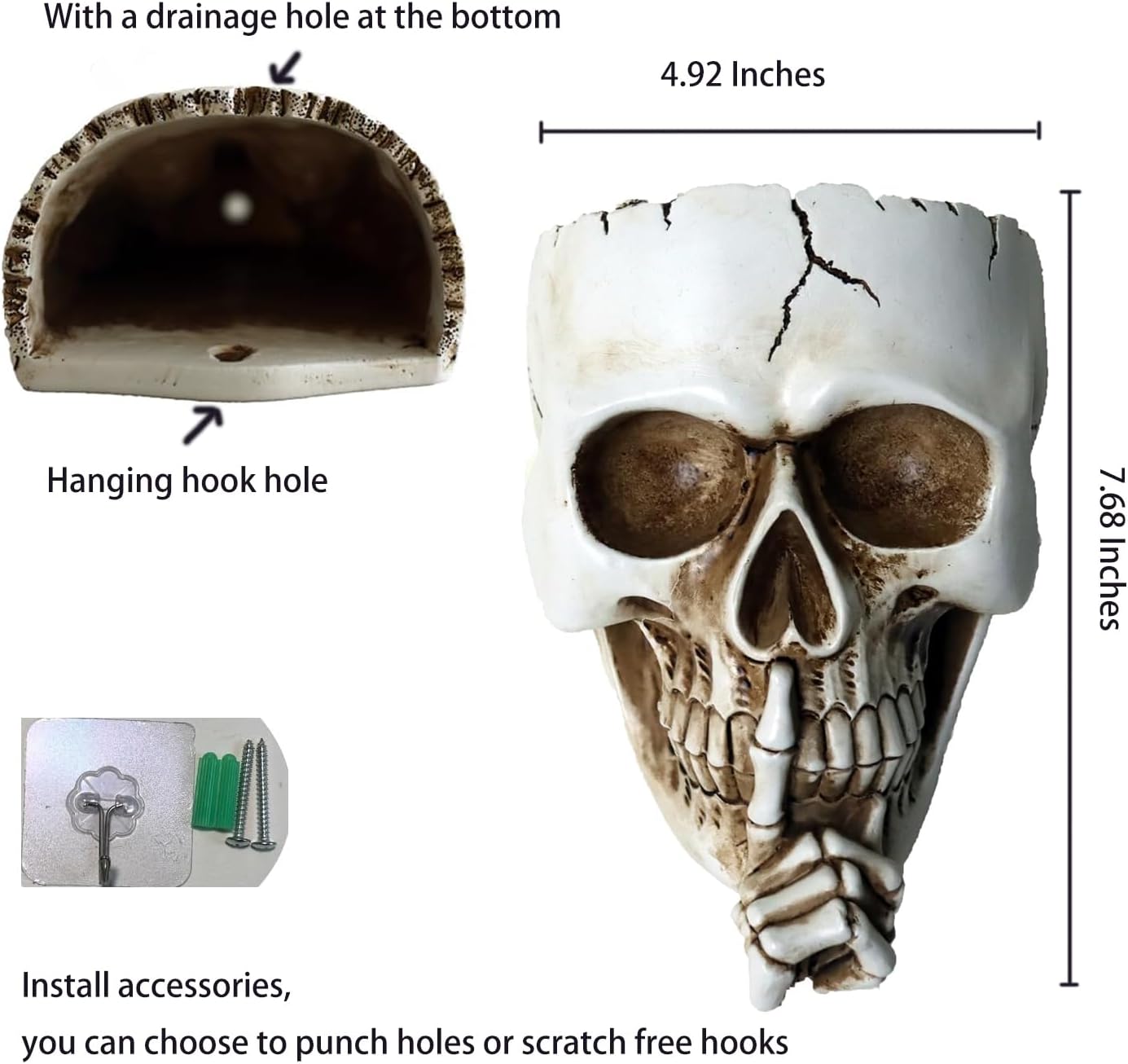 Skull Wall Planter,Skull Shaped Hanging Resin Planter Pot Home Decor Gift,Funny Design Flower Pot for Indoor Outdoor Plants,Skeleton Sculpture Decorations (White, Don't Speak)