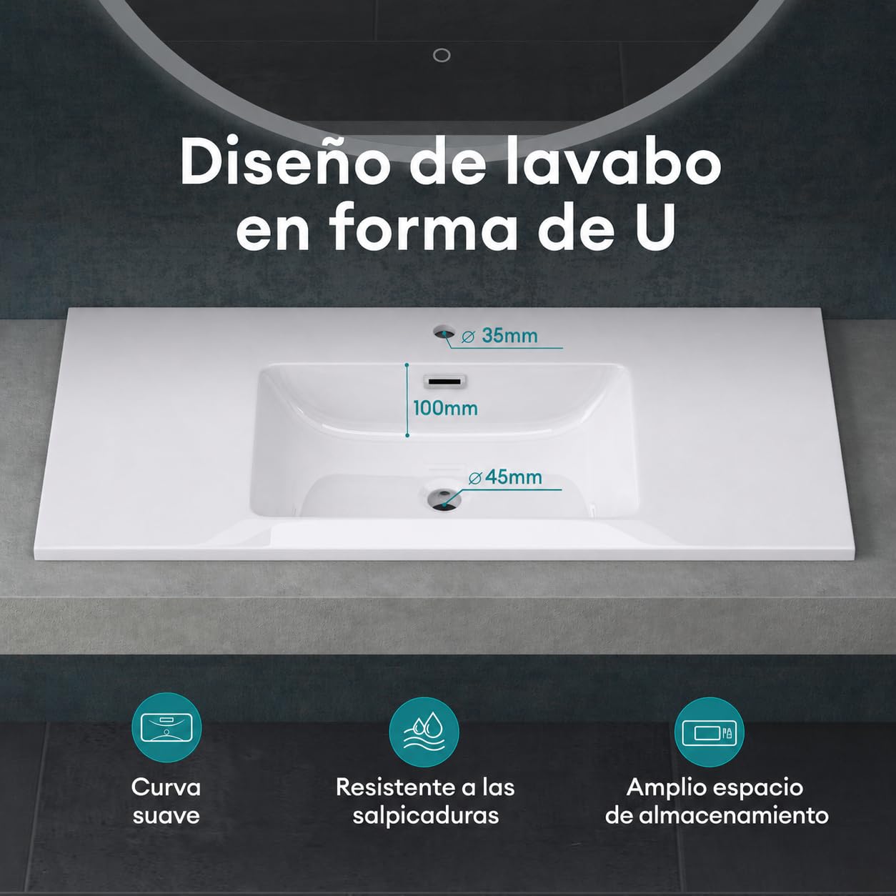 Mai & Mai Lavabo Empotrado sobre Encimera Baño Lavabo | Rectangular | Blanco Brillante | Mármol Fundido | 80x48x14cm | con Orificio para Grifo con Rebosadero | Colossum02 | Colossum02 - Lavabo empotrable rectangular con 1 orificio para grifo, función de r