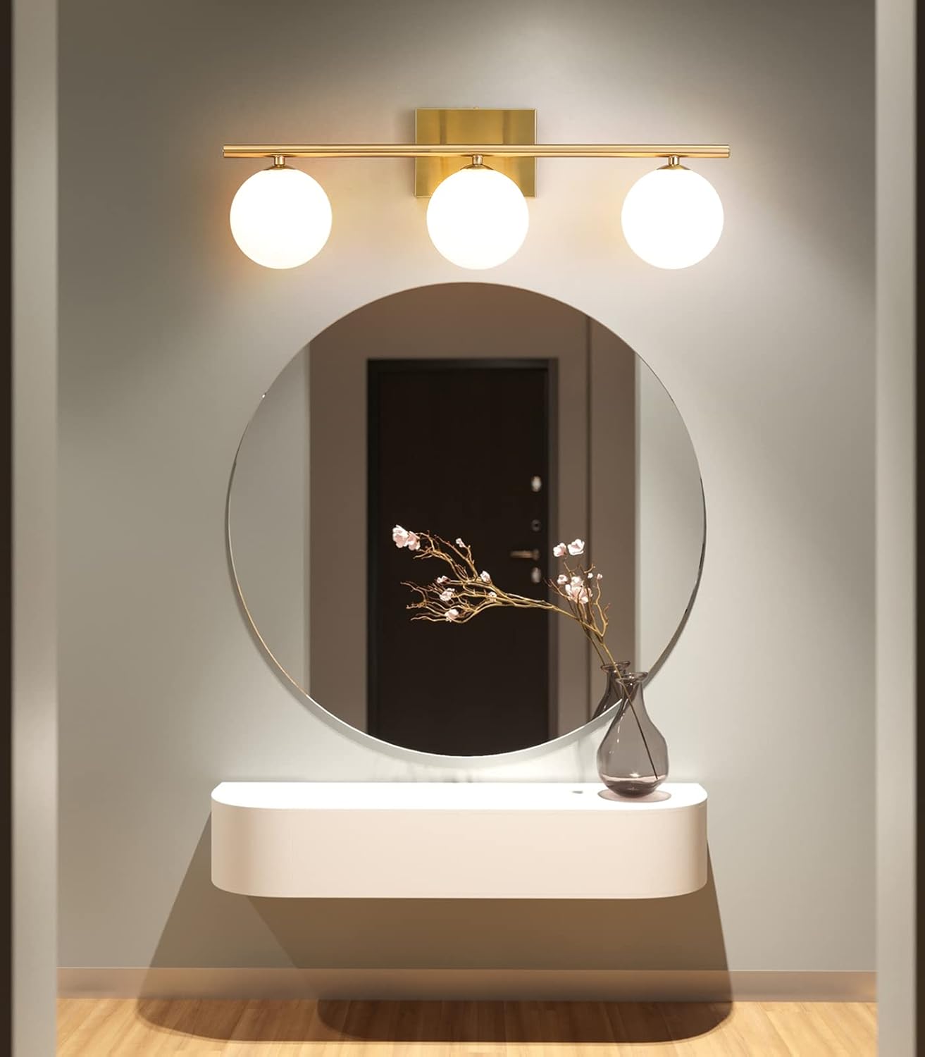 Bathroom Light Fixtures (3-Light, 24 in), Brushed Gold Vanity Lights with Milk Glass Shade, Bathroom Wall Lights for Mirror Bedroom Living Room Hallway