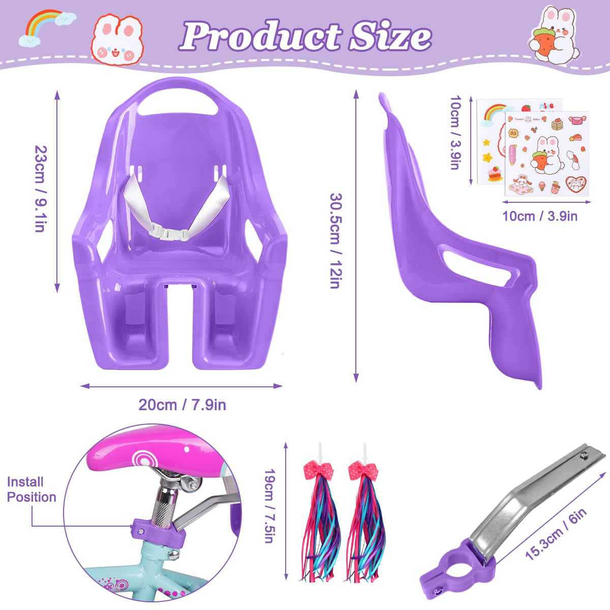 Seggiolino per Bicicletta per Bambole con Adesivi Fai da Te e Manubrio Stelle Filanti, Accessorio Bicicletta per Bambini