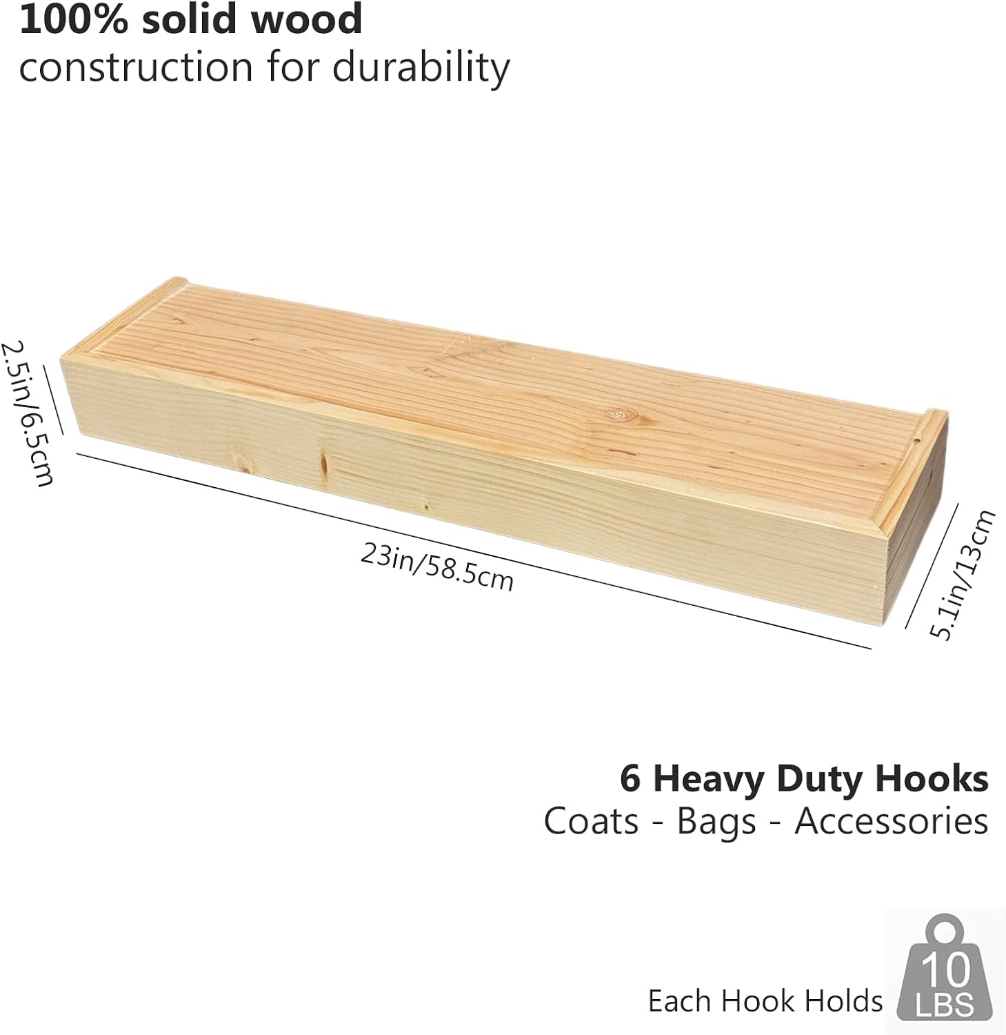 Ledge Shelf Wall-Mounted Coat Rack with 6 Hooks - Multifunctional Storage for Entryway, Bathroom, Living Room & Bedroom （Natural Wood Color, 23" L x 5.1" W x 2.4" H）