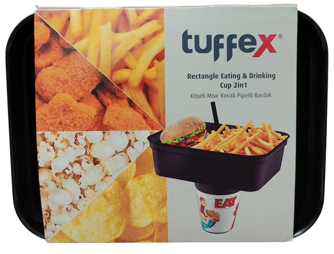 Tuffex Rectangle Eating & Drinking Cup 2in1 Snacks Time Corner Corn Bucket Straw Glass