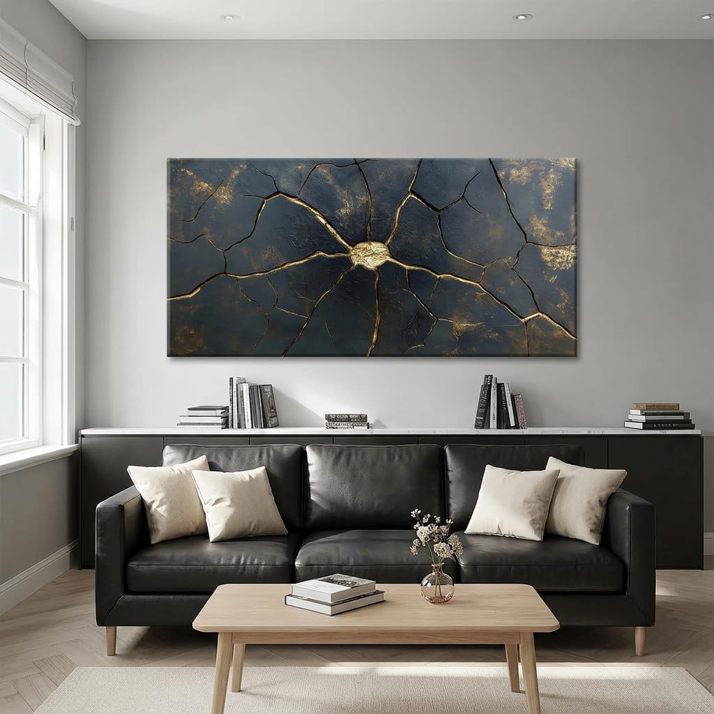 ZESTRILIA Black Kintsugi Wall Art, Abstract Cracked Surface Canvas Print, Modern Minimalist Gold Fracture Painting for Living Room Bedroom Décor (40x20 Inches)