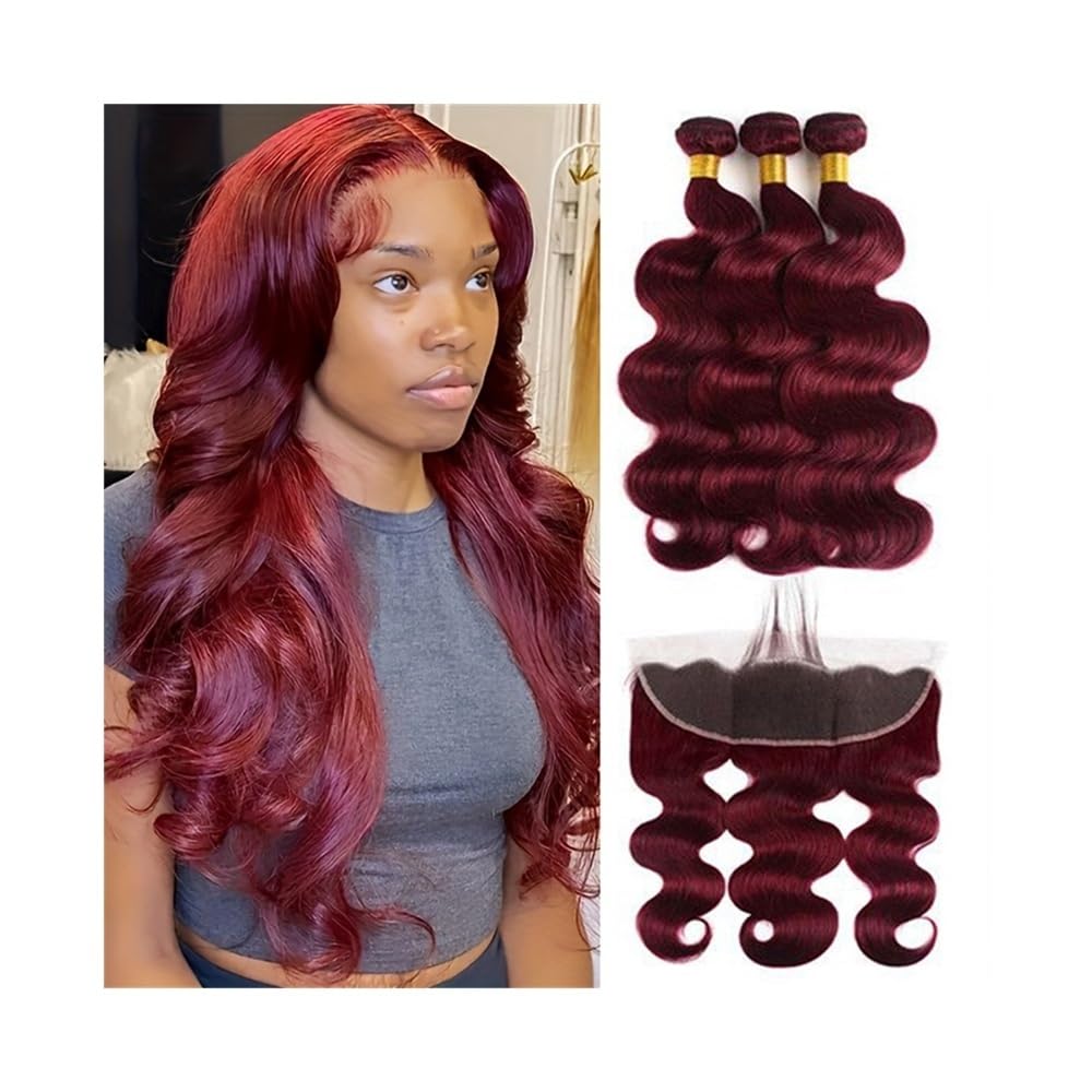 Bundles Tissage brésilien Remy Body Wave 2/3/4, cheveux naturels bordeaux 99J, double trame frontale, avec dentelle 13x4 Extensions de coiffure(18 18 18 18 closure 16)