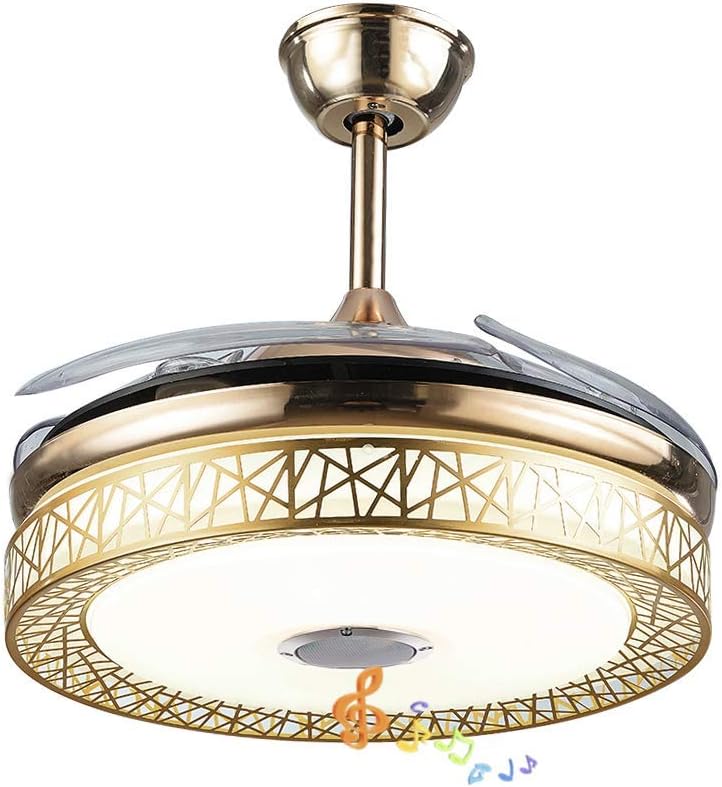 Fandian 42'' Modern Ceiling Fans with Light Smart Bluetooth Speaker Music Player Chandelier 3 Colors 3 Speeds Invisible Blades with Remote Control, Silent Motor with LED Kits (42-in Gold Nest)