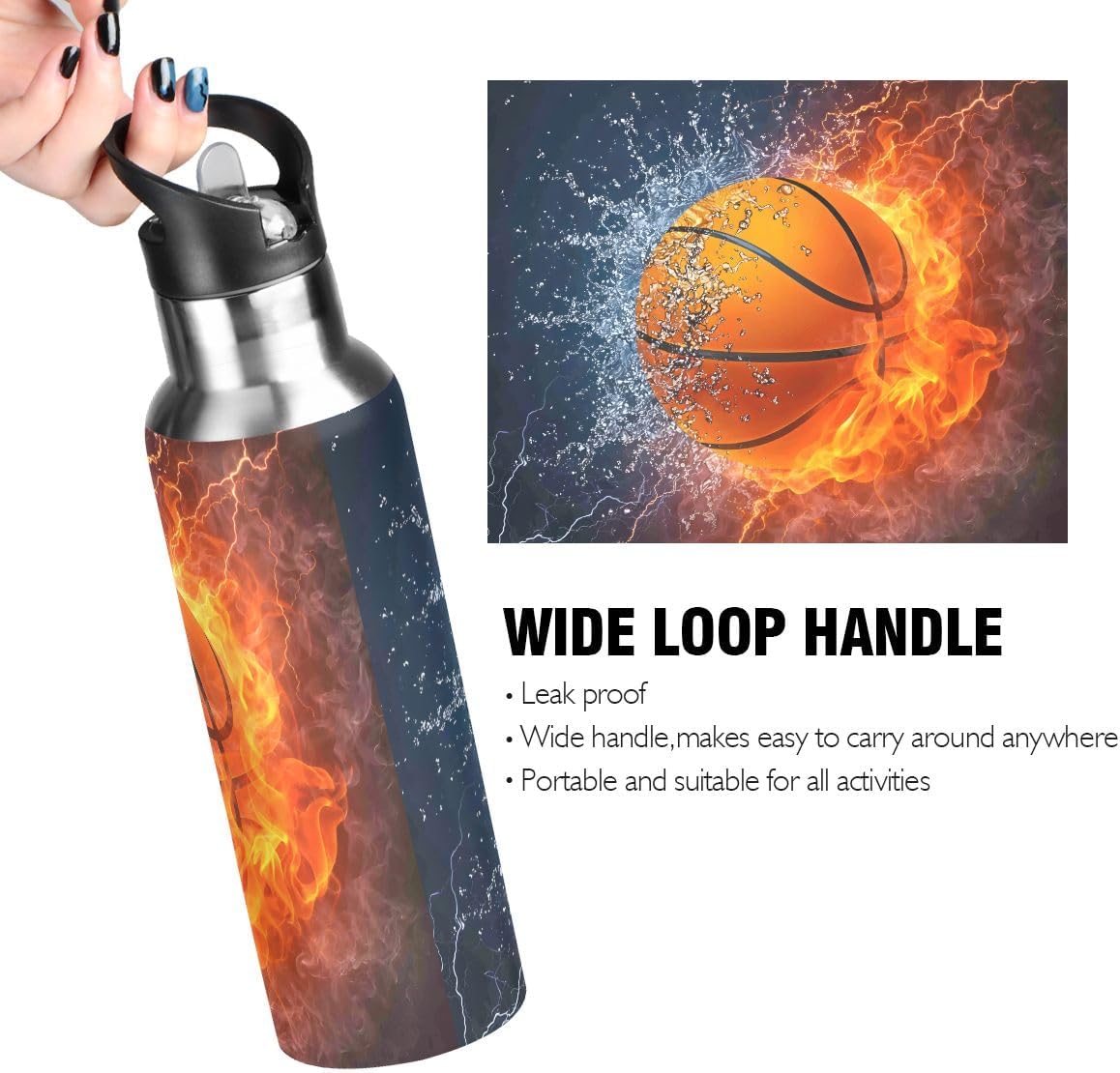 Watercolor Burning Basketball Water Bottle with Straw Lid, Stainless Steel Water Cup for 20 Oz Hot Cold Drinks